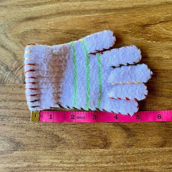 Children's Knitted Pink Gloves With Green Stripes & Colorful Stitching - Picture 3 of 4
